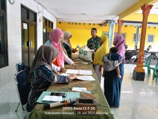 Babinsa Koramil 0816/02 Candi Awasi Langsung Penyaluran 2,9 Ton Bantuan Beras untuk Warga Desa Wedoroklurak